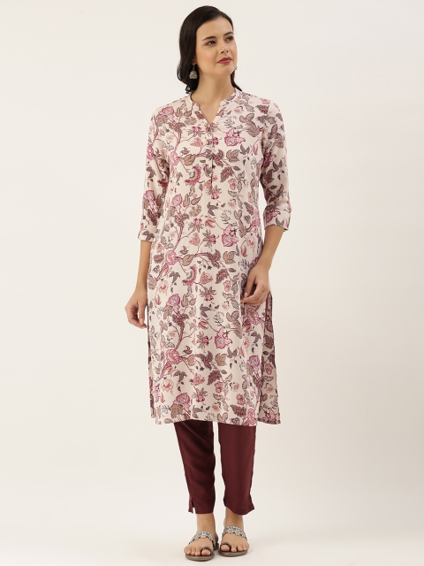 

AMUKTI Women Beige & Maroon Floral Printed Kurta