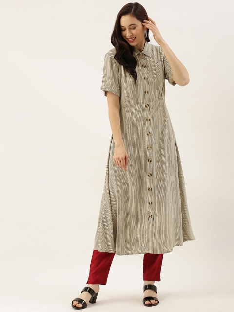 

AMUKTI Women Beige & Black Striped Kurta