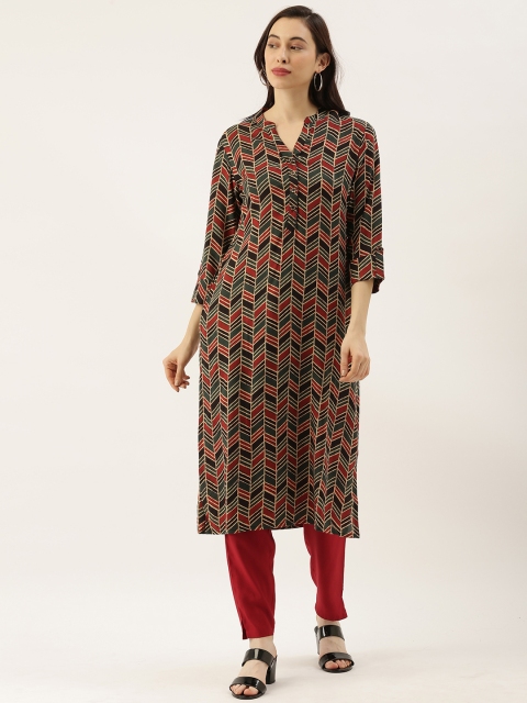

AMUKTI Women Green & Maroon Geometric Printed Kurta