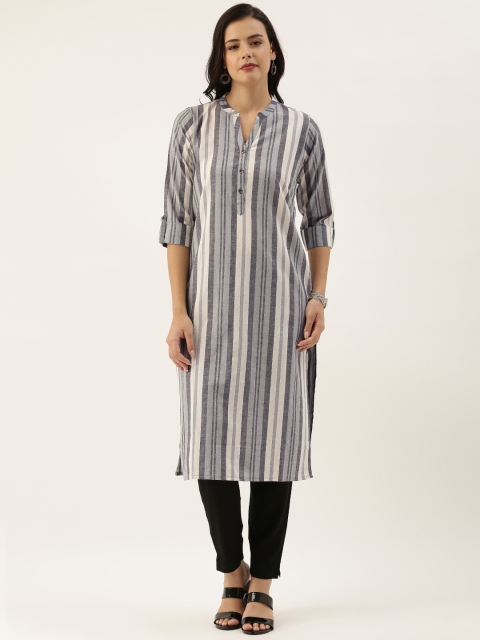 

AMUKTI Women Grey & White Striped Kurta
