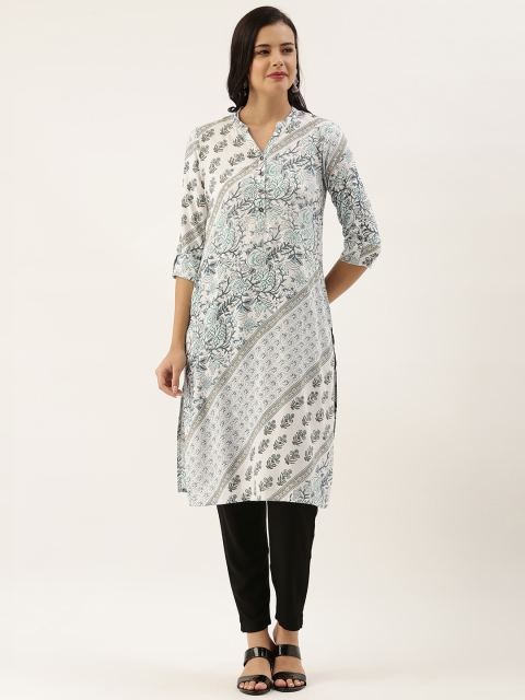 

AMUKTI Women White & Blue Floral Printed Kurta