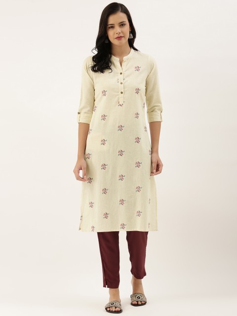 

AMUKTI Women Beige Floral Thread Work Kurta