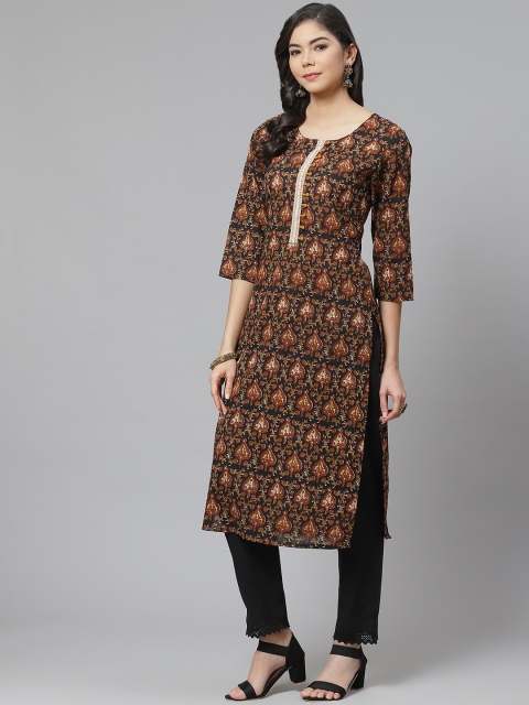 

PIROH Women Black & Mustard Brown Ethnic Motifs Kurta
