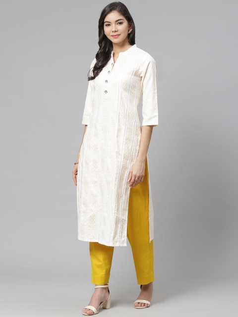 

PIROH Women White & Mustard Yellow Striped Dobby Kurta