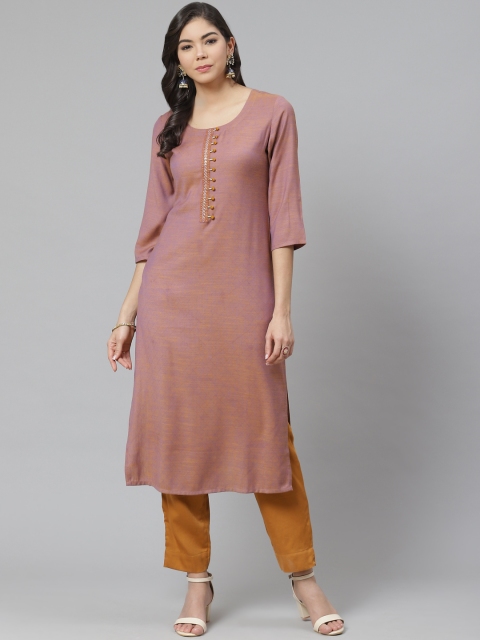 

PIROH Women Purple & Mustard Yellow Woven Design Kurta