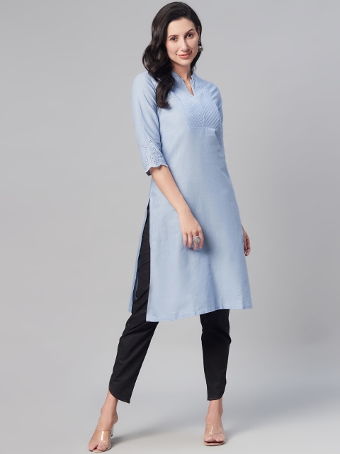 

Biba Women Blue Solid Mandarin Collar Pure Cotton Straight Kurta with Schiffli Work Detail