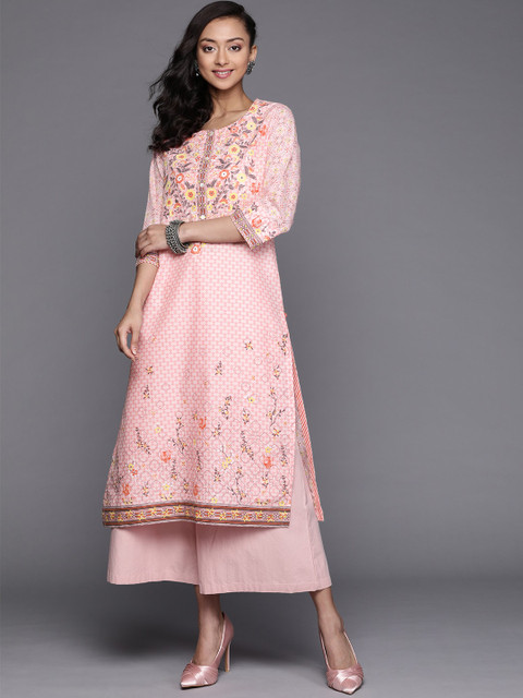 

Biba Women Pink & Orange Ethnic Motifs Printed Pure Cotton Straight Kurta