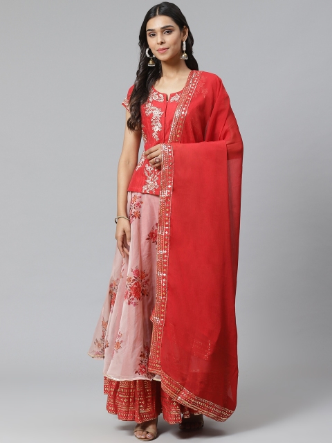

Biba Women Red & Pink Embellished Top with Skirt & Dupatta