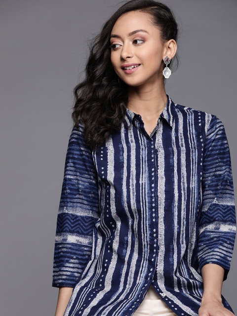 

Biba Women Navy Blue & White Regular Fit Striped Pure Cotton Casual Shirt