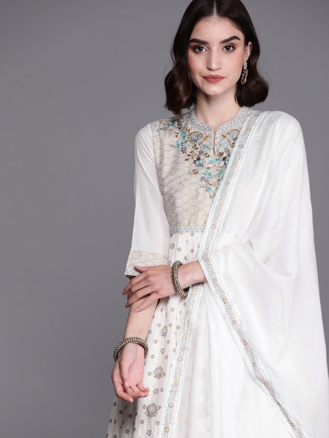

Biba Women White & Blue Pure Cotton Printed Kurta with Skirt & Dupatta