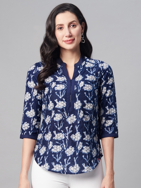 

Biba Women Navy Blue & White Dyed Pure Cotton Tunic with Thread Work