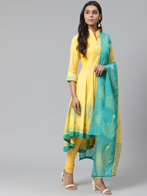 

Biba Women Yellow & Blue Printed Kurta with Churidar & Dupatta