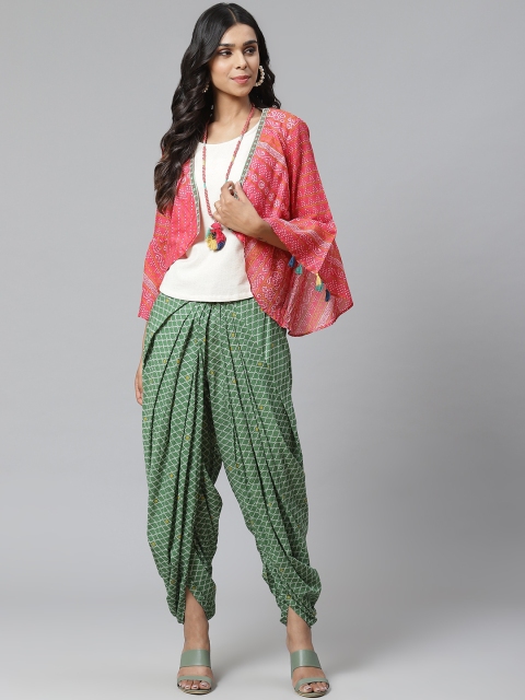 

Biba Women Pink & Off-White Printed Top with Dhoti Pants & Ethnic Jacket
