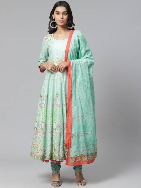 

Biba Women Green & Pink Printed Kurta with Churidar & Dupatta
