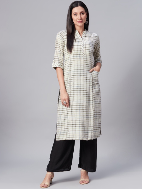 

Biba Women Off White & Black Checked Kurta