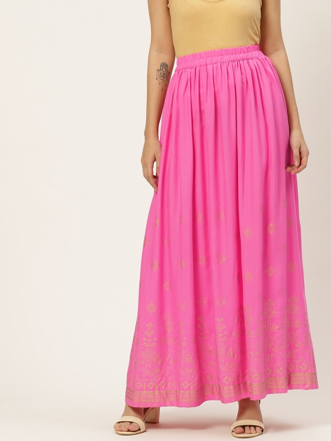 

Anouk Women Pink & Golden Gathered Ethnic Print Maxi A-line Skirt