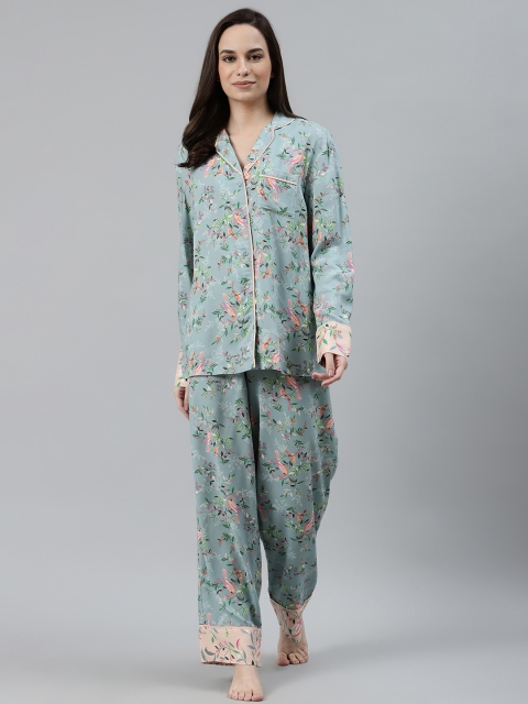 

Marks & Spencer Women Blue & Peach-Coloured Floral Print Night Suit