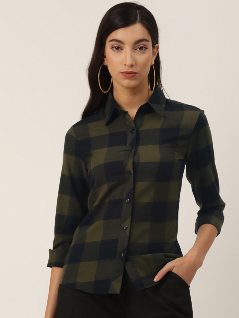 

Trend Arrest Women Black & Olive Green Twill Weave Regular Fit Checked Casual Shirt