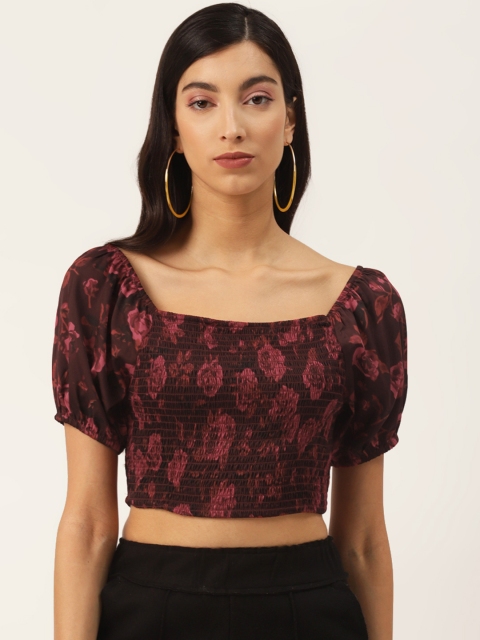 

Trend Arrest Black & Coral Pink Floral Printed Puff Sleeves Smocked Fitted Crop Top
