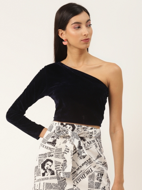 

Trend Arrest Navy Blue One Shoulder Velvet Fitted Crop Top