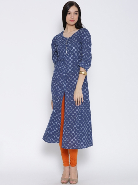 

Aujjessa Navy Printed Front Slit A-Line Kurta, Navy blue