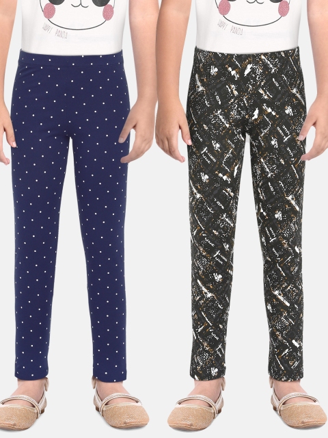 

Loocust Girls Black Black AOP & Navy Polka Dot Twin Pack Ankle Length Leggings