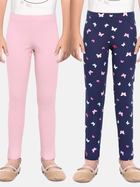 

Loocust Girls Navy Blue Pink Stripes & Navy Butterfly Twin Pack Ankle Length Leggings