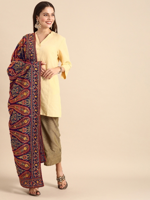 

VASTRANAND Navy Blue & Pink Embroidered Dupatta