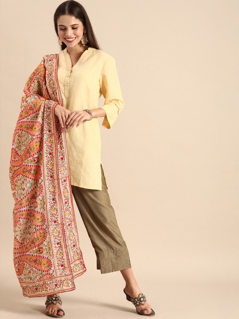 

VASTRANAND White & Red Embroidered Dupatta