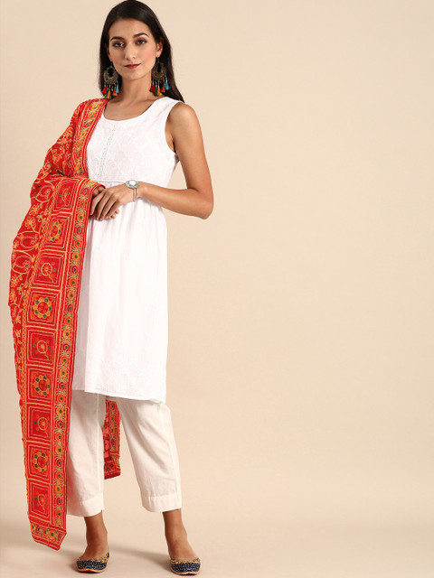 

VASTRANAND Red & Yellow Embroidered Dupatta