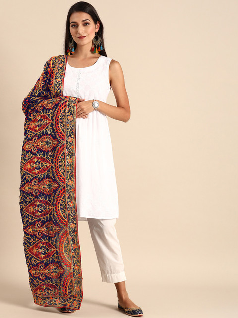 

VASTRANAND Navy Blue & Red Embroidered Dupatta