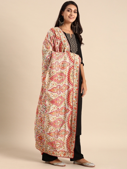 

VASTRANAND White & Orange Embroidered Dupatta