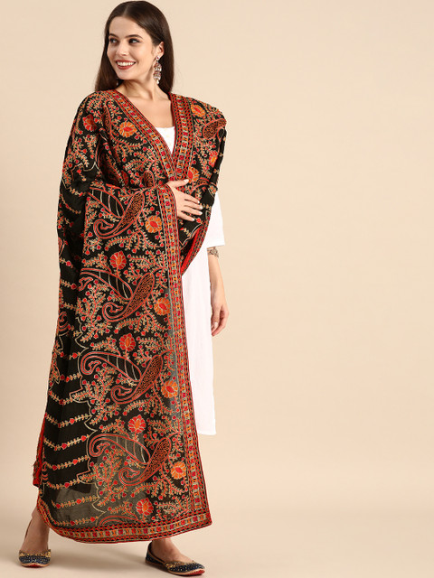 

VASTRANAND Black & Orange Embroidered Dupatta