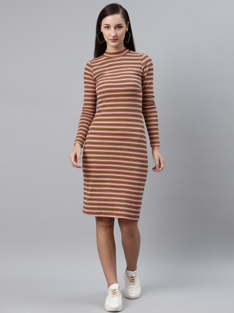 

plusS Women Peach-Coloured & Yellow Striped Sheath Dress