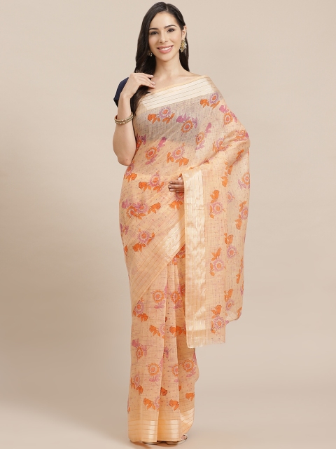 

Nanda Silk Mills Women Peach-Coloured & Pink Floral Print Saree
