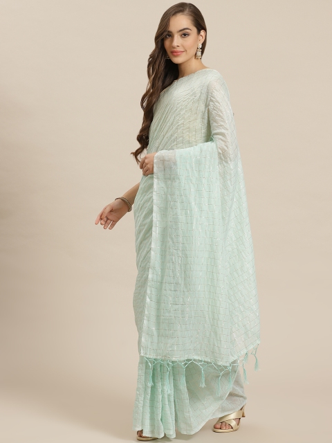 

Nanda Silk Mills Mint Green & Golden Checked Saree