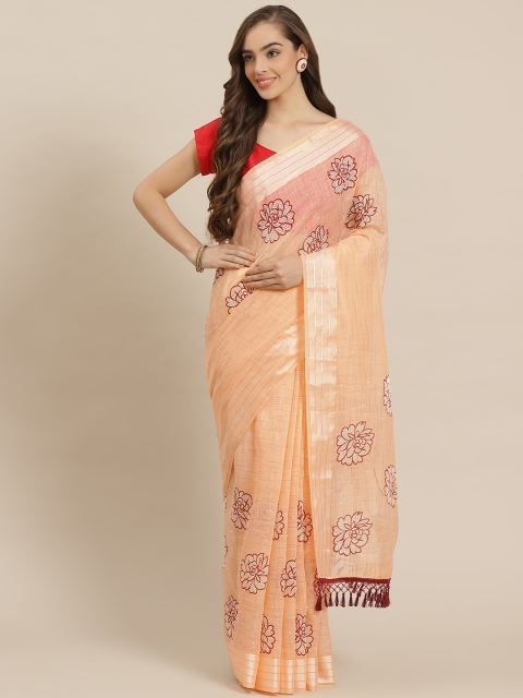 

Nanda Silk Mills Peach-Coloured & Brown Floral Print Saree