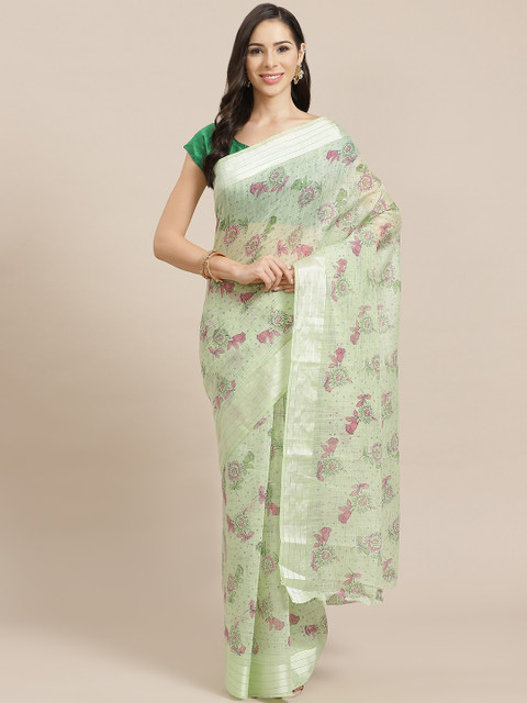 

Nanda Silk Mills Women Green & Pink Floral Print Saree