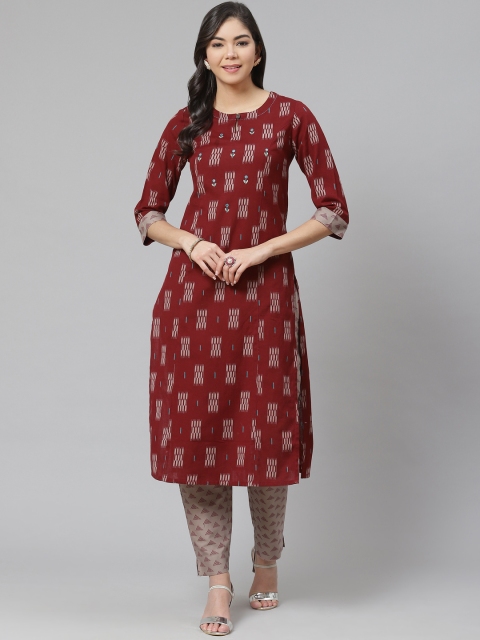 

PIROH Women Maroon & Taupe Ikat Printed Kurta with Trousers