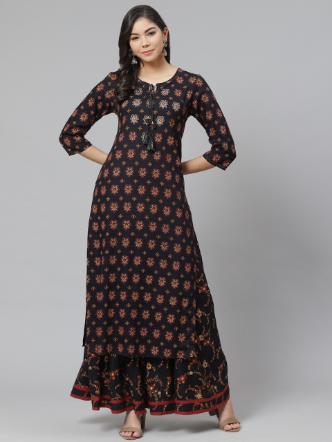 

PIROH Women Navy Blue & Rust Orange Printed Kurta with Palazzos