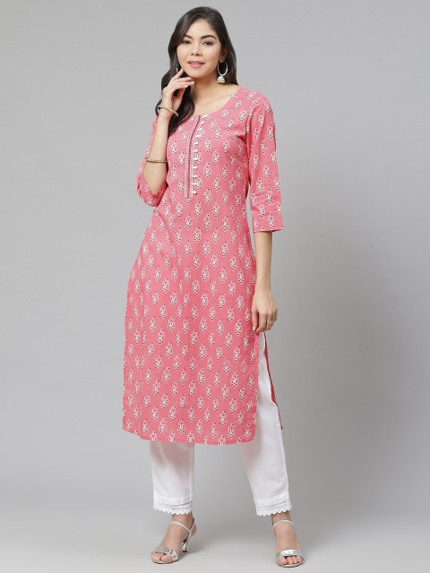 

PIROH Women Pink & White Printed Kurta with Trousers