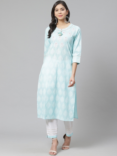 

PIROH Women Blue & White Printed Kurta with Trousers