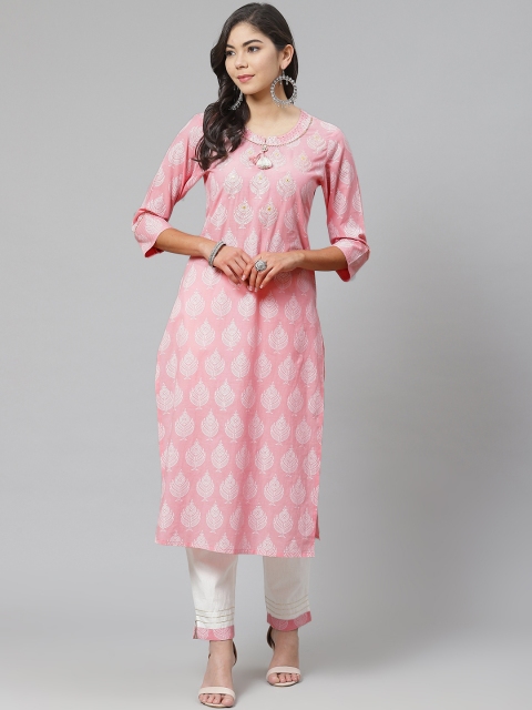 

PIROH Women Pink & White Printed Kurta with Trousers