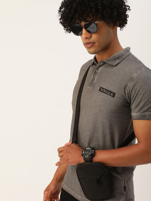 

SINGLE Men Grey Solid Polo Collar Pure Cotton T-shirt