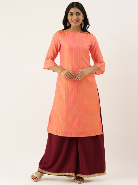 

EthnoVogue Women Peach-Coloured & Burgundy Checked Made To Measure Kurta with Palazzos