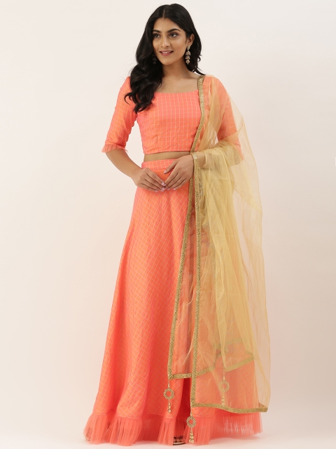 

EthnoVogue Peach-Coloured Checked Made to Measure Lehenga & Blouse with Dupatta