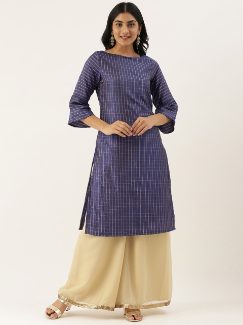 

EthnoVogue Women Navy Blue & Beige Checked Made to Measure Kurta with Palazzos