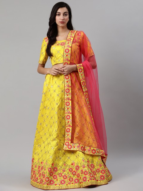 

SHUBHKALA Yellow & Golden Embroidered Semi-Stitched Lehenga & Blouse with Dupatta