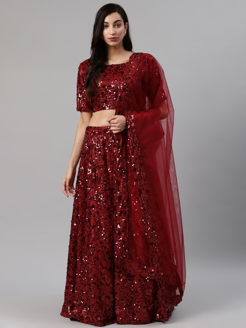 

SHUBHKALA Maroon Sequinned Semi-Stitched Lehenga & Unstitched Blouse with Dupatta