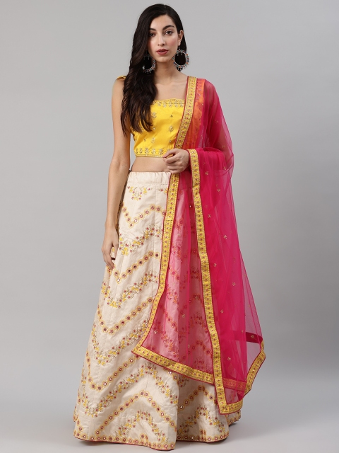 

SHUBHKALA Off-White Mirror Work Semi-Stitched Lehenga & Unstitched Blouse with Dupatta